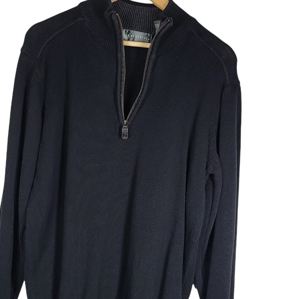 Oscar Da La Renta‎ Mock Neck Zip Cotton Black Sweater Large